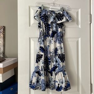Vero Moda white blue leaf print off the shoulder elastic waist dress xs